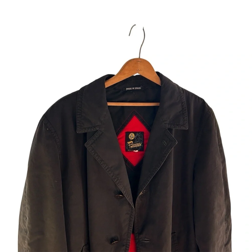 Vintage Elegant Black Trench Barn Ranch Coat with Red Interior Size 44 - Picture 2 of 8